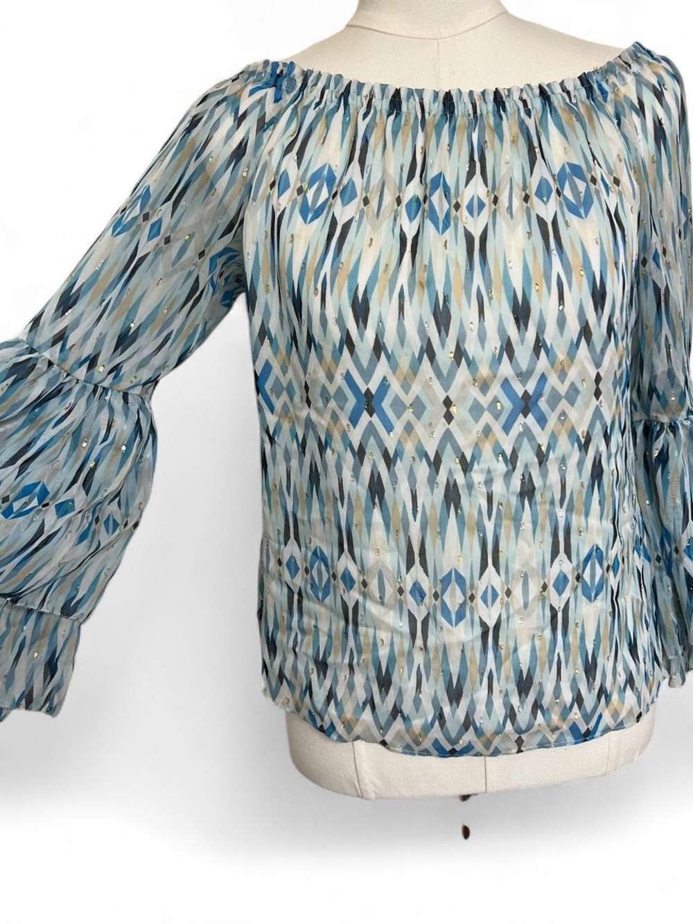Light blue geometric pattern Y2K sparkly long sleeve blouse with bell sleeves